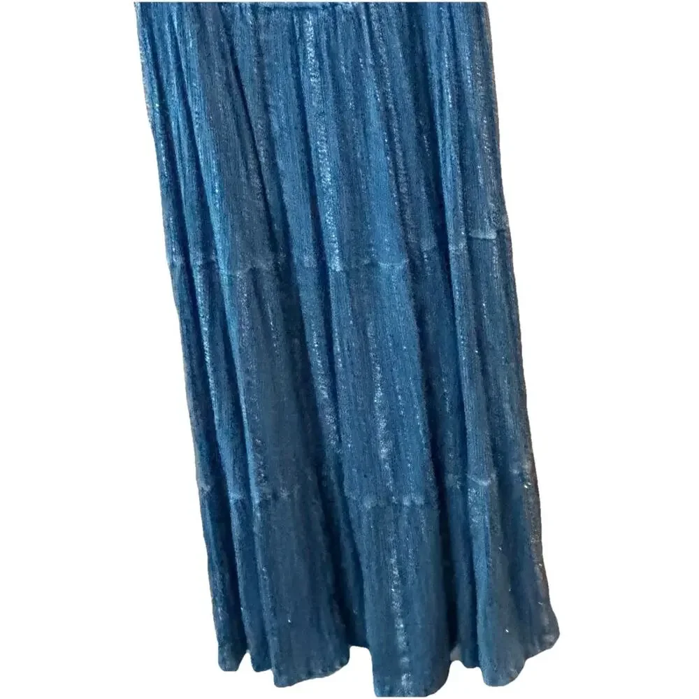 Mlle Gabrielle Dress Sz 1X Smocked Tiered Blue Silver Chic Bohemian Boho Cottage